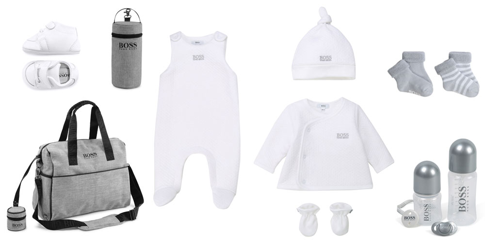 Prezent dla noworodka - ubranka niemowlęce i akcesoria Hugo Boss - śpioszki, pajacyki, body, torby dla mamy, buciki